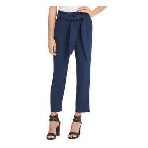 DKNY Womens Navy Zippered Tie Belt Cropped Wear To Work High Waist Pants 14